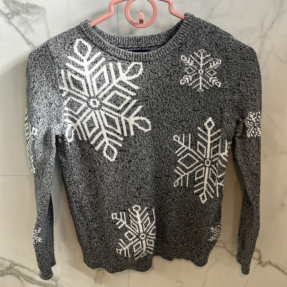 Lands End Grey and White Youth Sweater with Winter Pattern